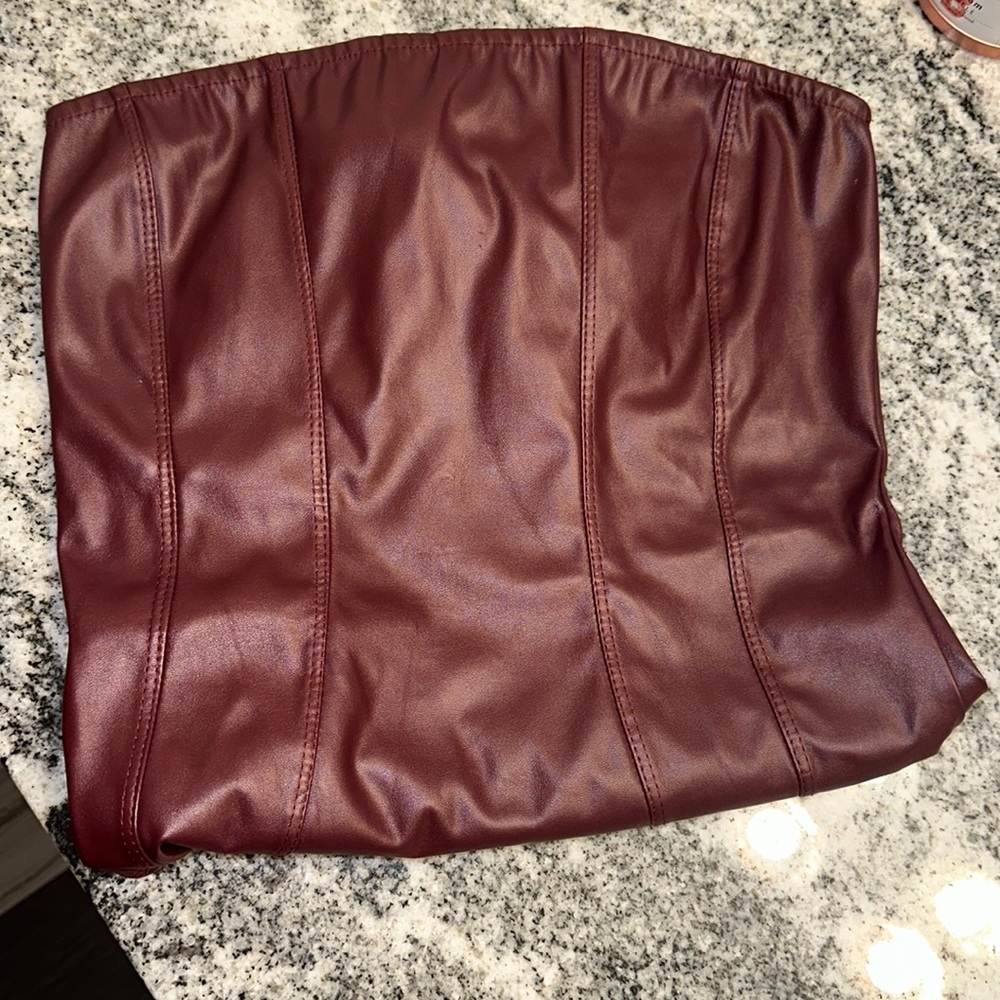 Burgundy faux leather tube top bodysuit